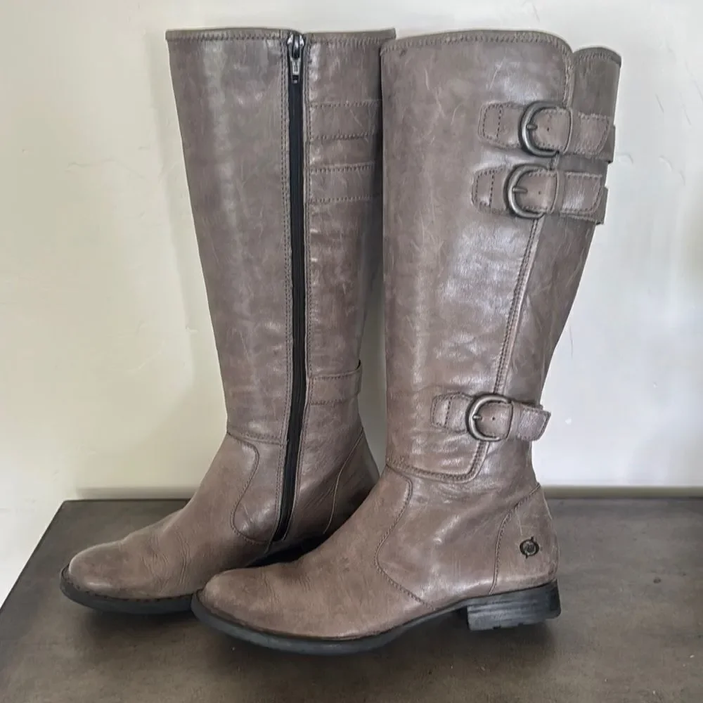 Born Women's Tall Knee High Ash Leather Boots Riding Boho Buckle Size 6.5 EUC
